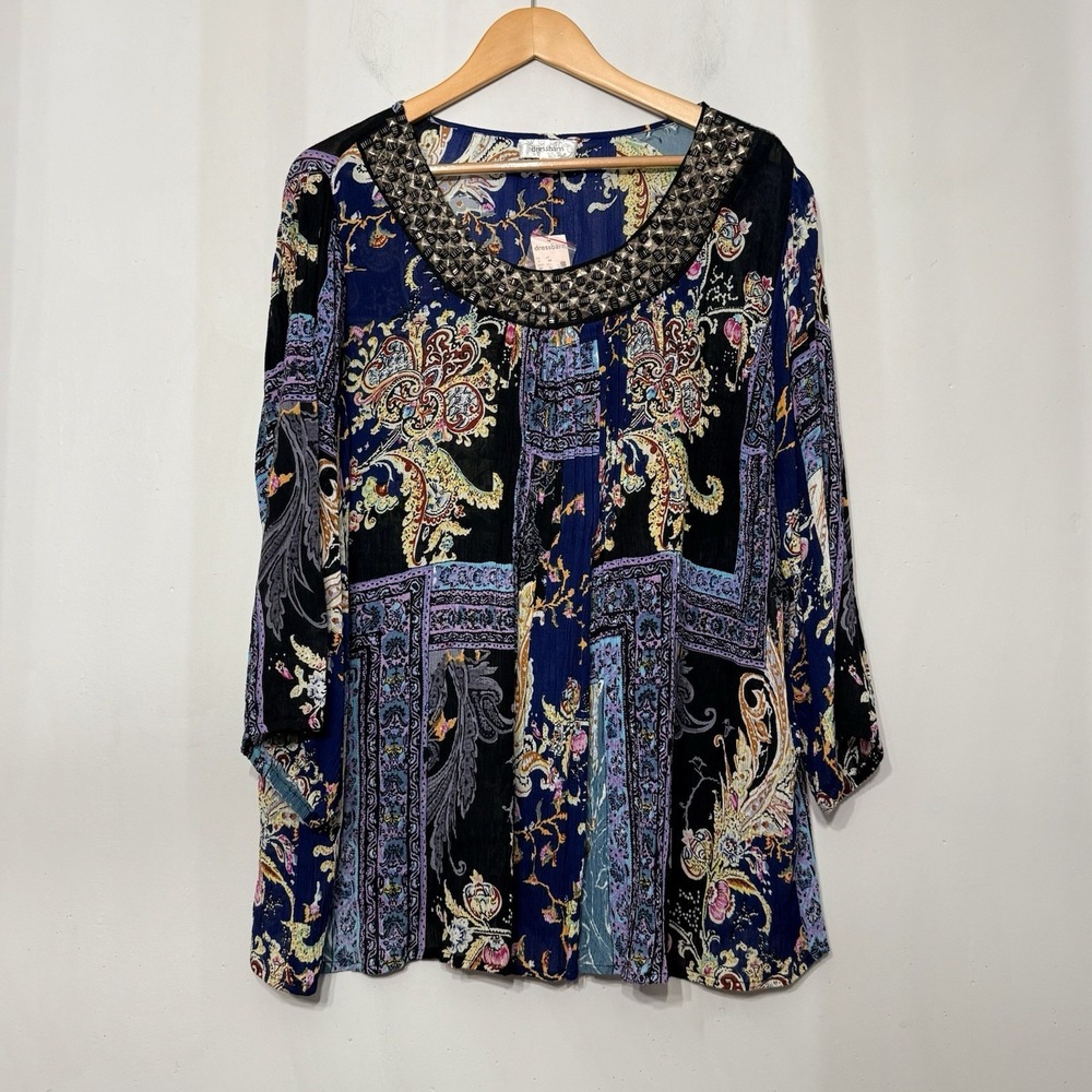 Dressbarn Multicolor Boho Tunic Blouse Paisley Patchwork Artsy Beads NWT size 2X